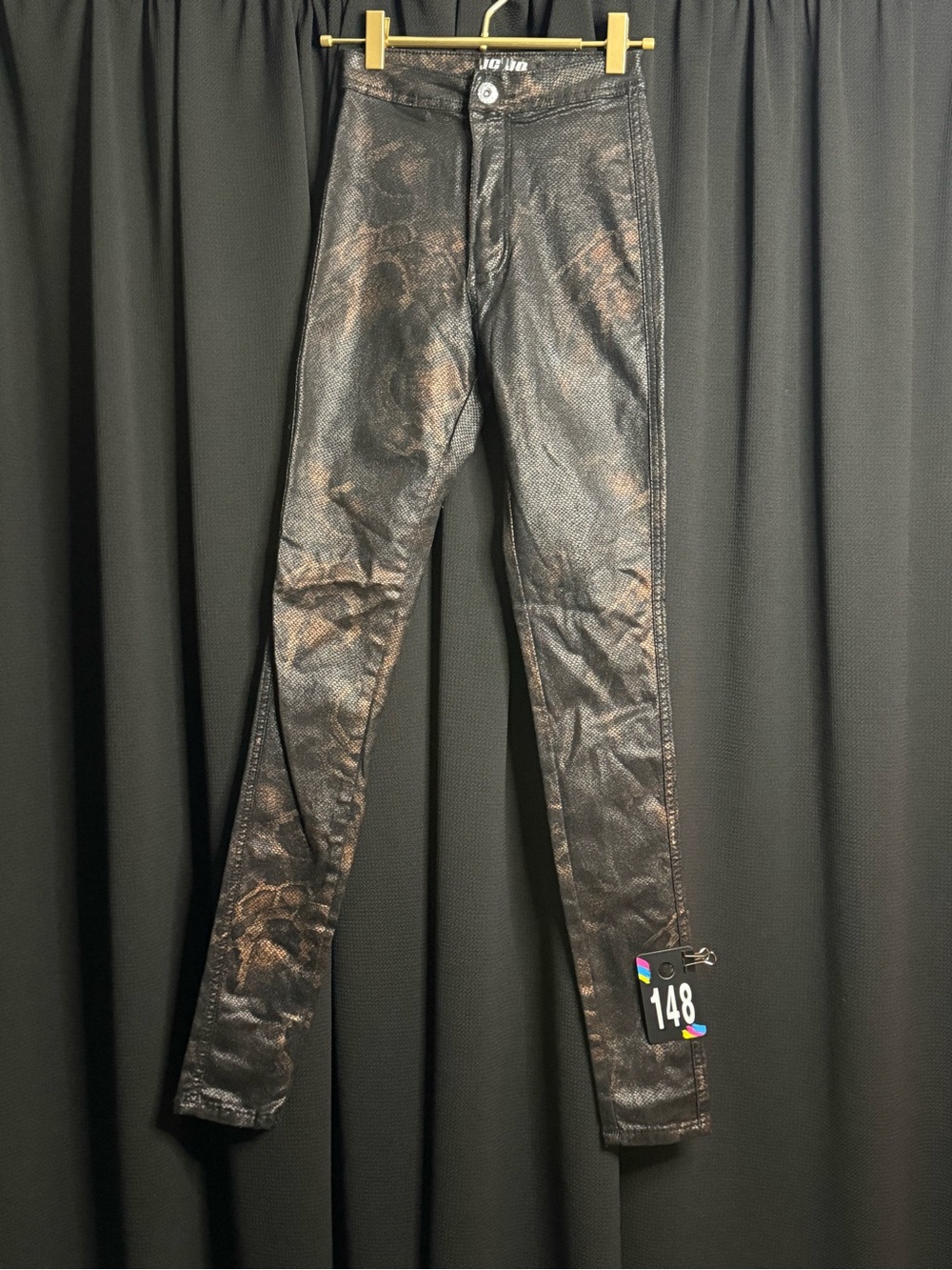 Metallic Black-Bronze Coated Skinny Pants - Women's - Picture 1 of 2